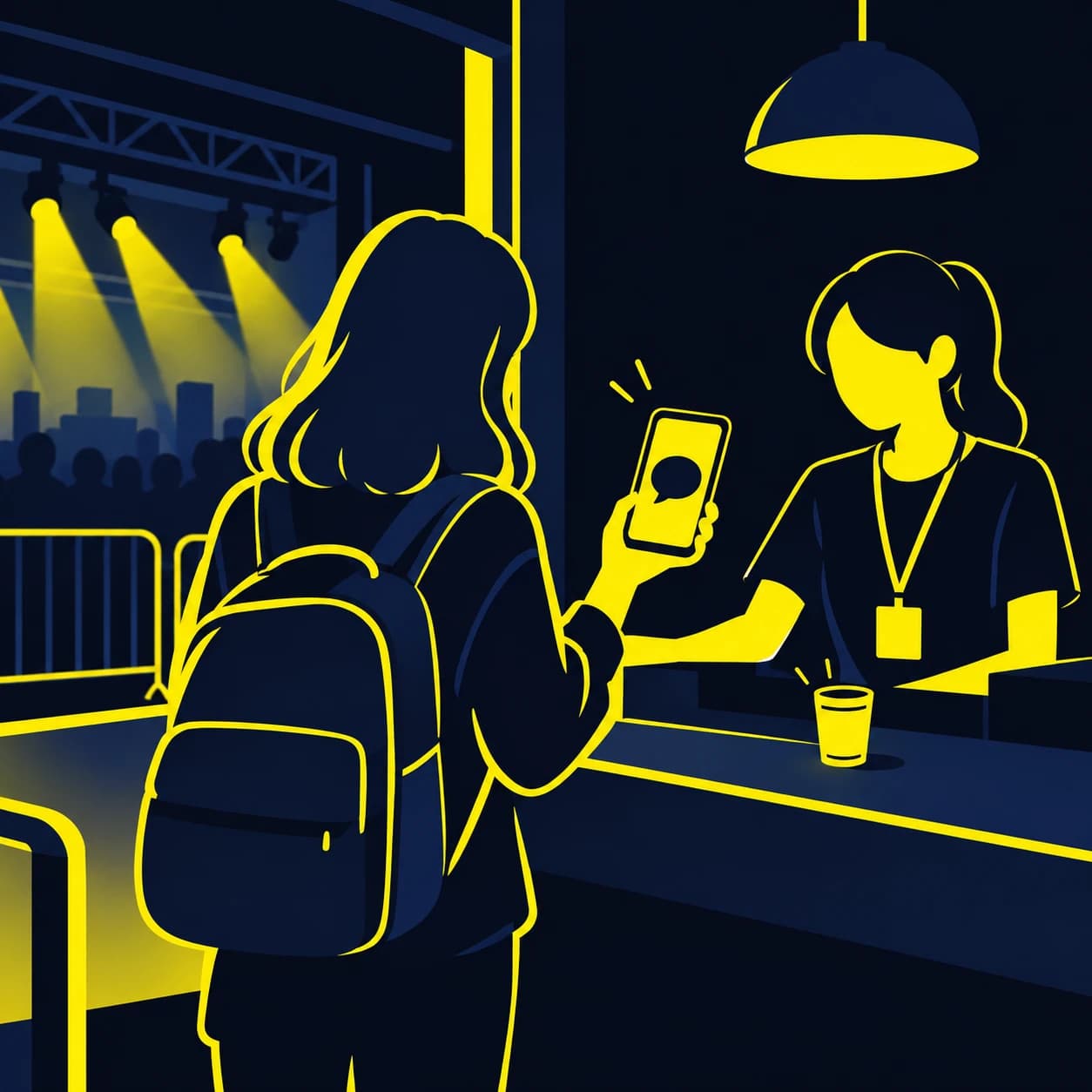 ライブハウスの受付で、旅行者がスマートフォンの画面をスタッフに見せている様子のイラスト